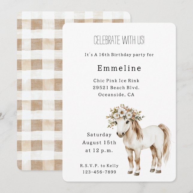 White Horse Floral 16th Birthday Invitation (Front/Back)