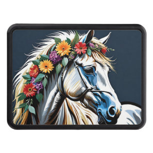 White Horse Floral With Dark Background Hitch Cover