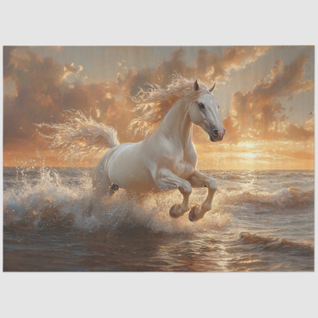 White Horse Galloping Through Ocean Waves Tissue Paper (Front)