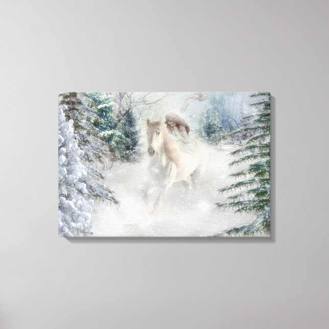 White Horse Galloping through snow covered Pine Canvas Print (Front)