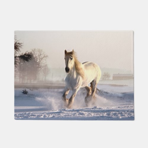 White Horse Galloping Through the Winter Snow Doormat