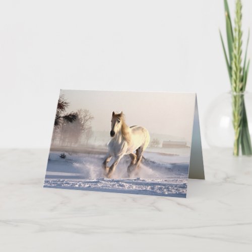 White Horse Galloping Through the Winter Snow Holiday Card