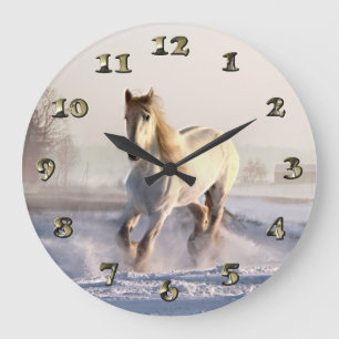 White Horse Galloping Through the Winter Snow Large Clock