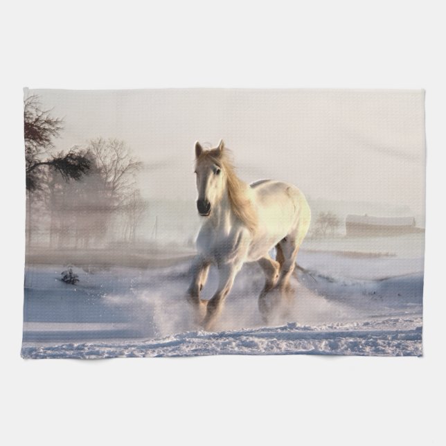 White Horse Galloping Through the Winter Snow Towel (Horizontal)