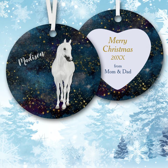 White Horse Gold Stars Christmas Metal Ornament (Creator Uploaded)