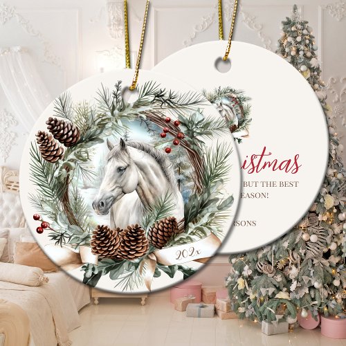 White horse grey horse Christmas pinecone wreath Ceramic Ornament