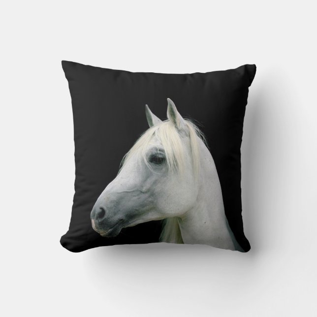 WHITE HORSE HEAD ON BLACK PILLOW CUSHION (Front)