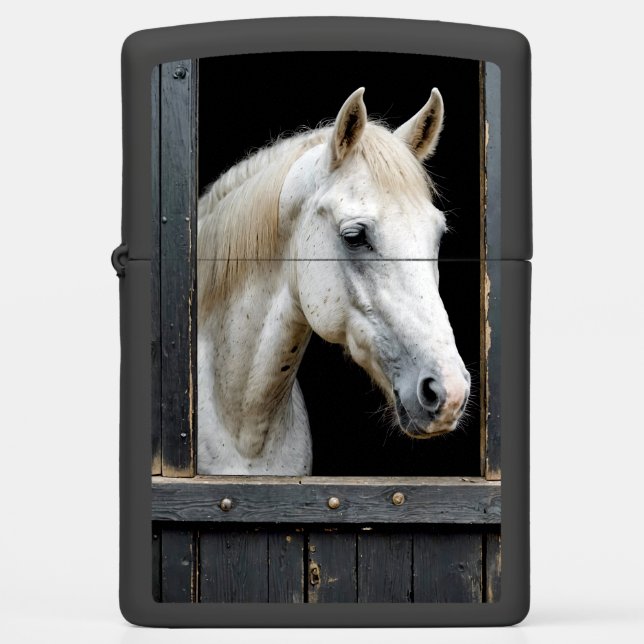 White Horse In a Stable Window Zippo Lighter (Front)