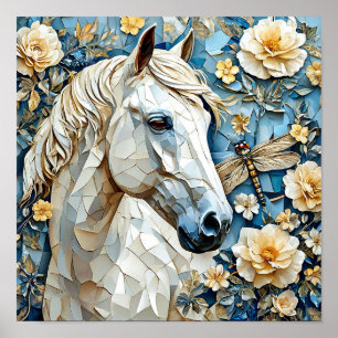 🐎 White Horse In Blooming Flowers Elegant Nature  Poster