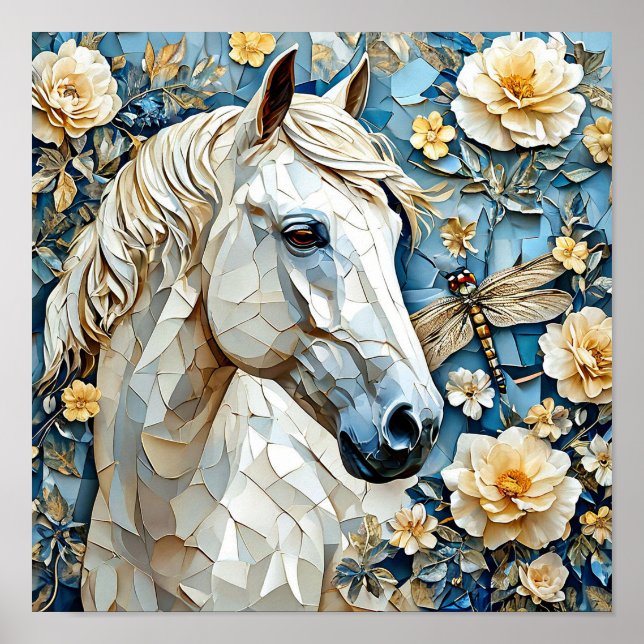 🐎 White Horse In Blooming Flowers Elegant Nature  Poster (Front)