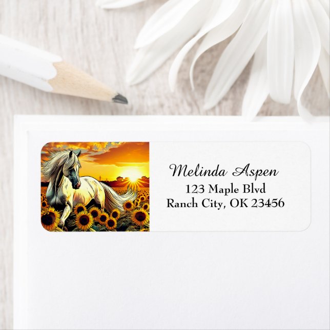 White Horse in Field of Sunflowers at Sunset Label (Insitu)