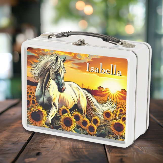 White Horse in Field of Sunflowers Personalized Metal Lunch Box (Creator Uploaded)