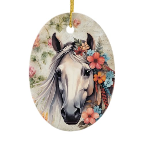 White horse in flowers. Ceramic Ornament