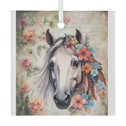 White horse in flowers. Glass Ornament