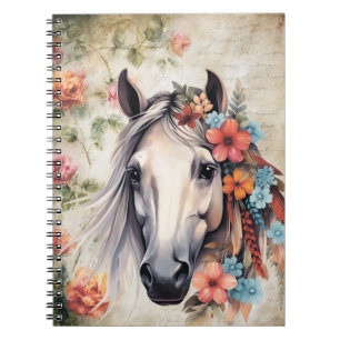 White horse in flowers. Notebook
