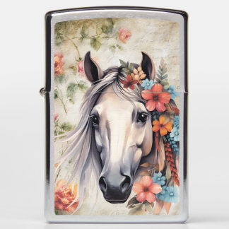  White horse in flowers. Zippo Lighter