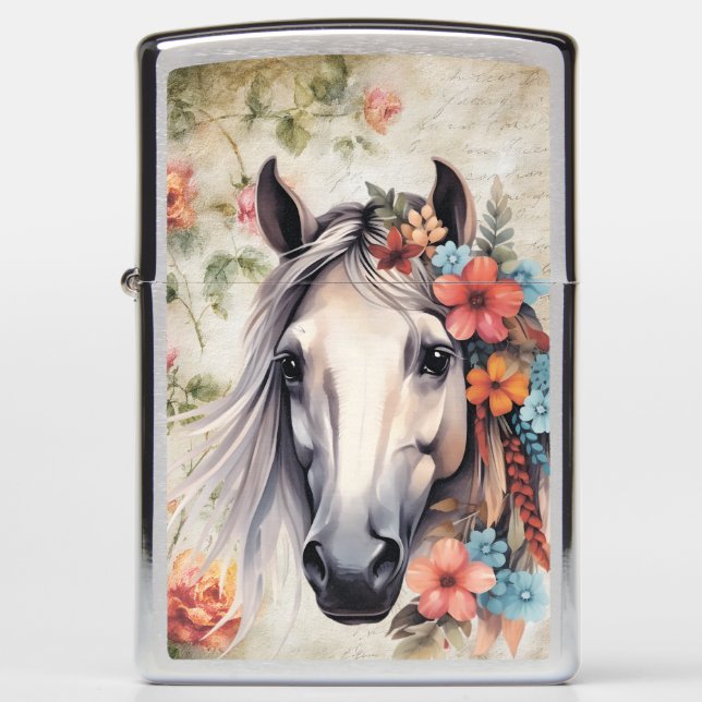  White horse in flowers. Zippo Lighter (Front)