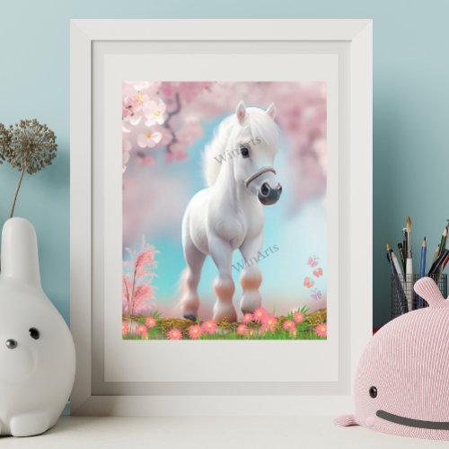 White Horse in Garden of Pink Cherry Blossoms Art Poster