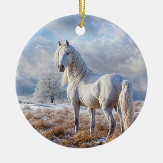 White Horse in Snow Christmas Holiday Ceramic Ornament (Front)