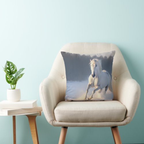 White Horse in Snow Digital Art Throw Pillow