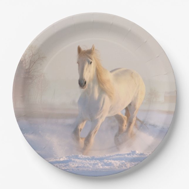 white horse in snow paper plates (Front)