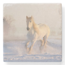 white horse in snow stone coaster