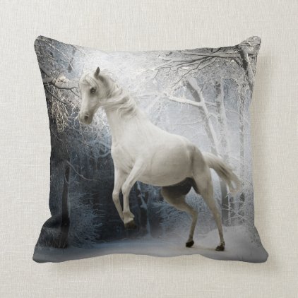 White horse in snowy forest throw pillow