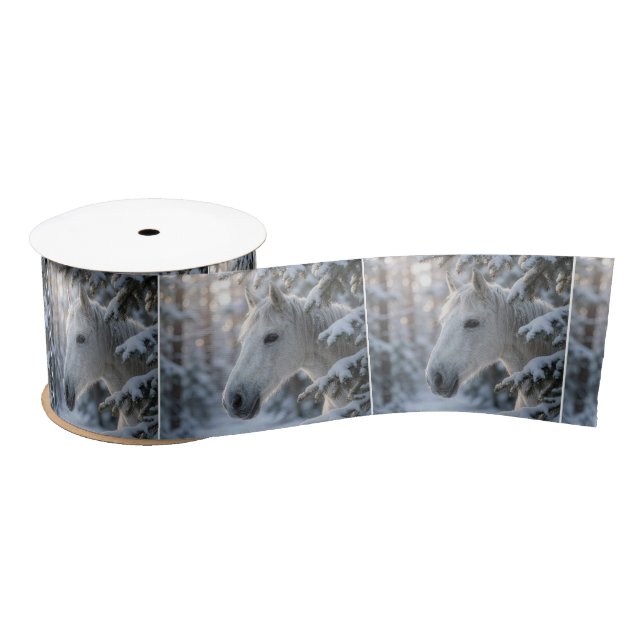 White Horse In Snowy Pine Tree Satin Ribbon (Spool)