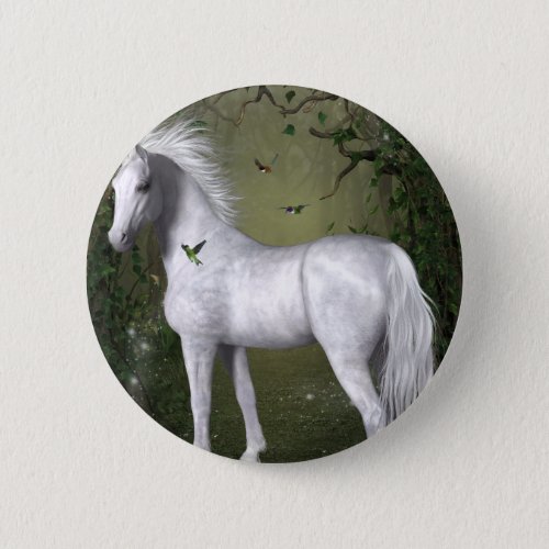 White Horse in the Woods with Hummingbirds Button