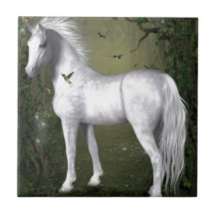 White Horse in the Woods with Hummingbirds Ceramic Tile