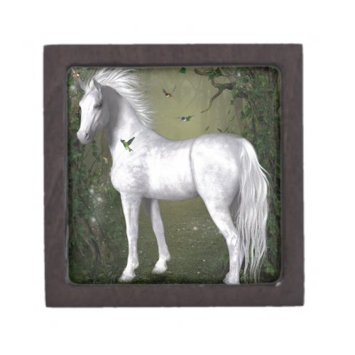 White Horse in the Woods with Hummingbirds Jewelry Box