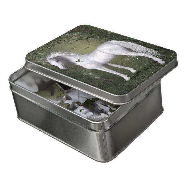 White Horse in the Woods With Hummingbirds Jigsaw Puzzle (Lid Open)