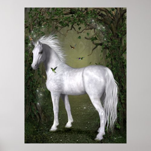 White Horse in the Woods with Hummingbirds Print