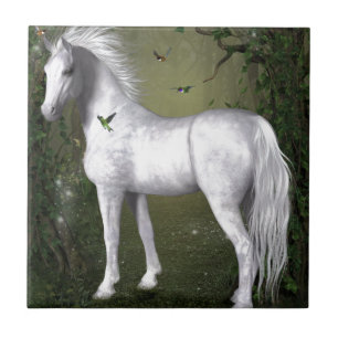 White Horse in the Woods with Hummingbirds Tile