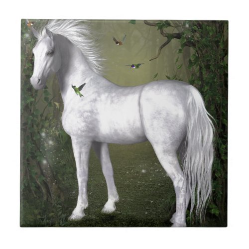 White Horse in the Woods with Hummingbirds Tile