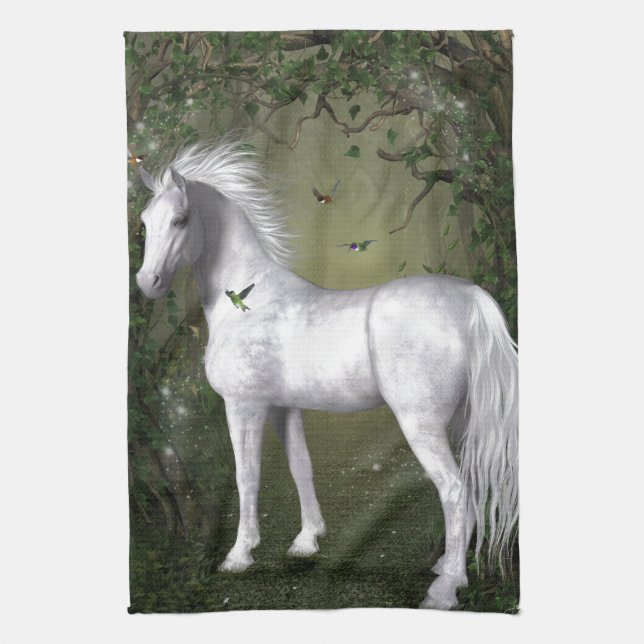 White Horse in the Woods with Hummingbirds Towel (Vertical)