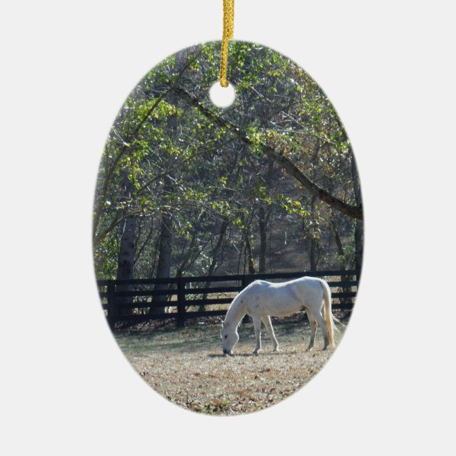 White Horse in trees Ceramic Ornament (Front)