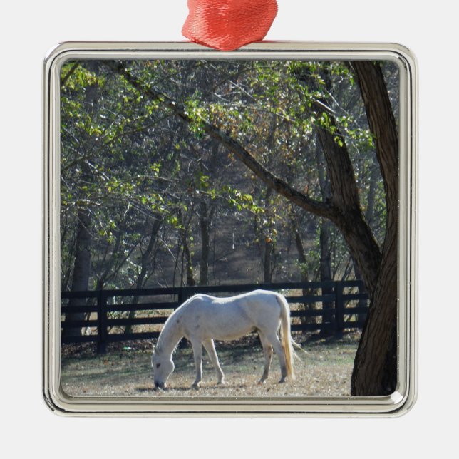White Horse in trees Metal Ornament (Front)
