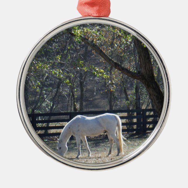 White Horse in trees Metal Ornament (Front)