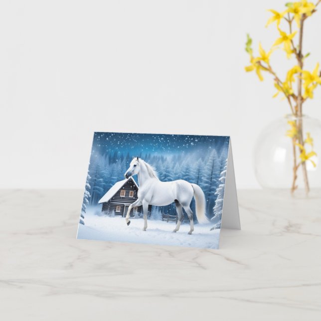 White horse in winter forest card (Yellow Flower)