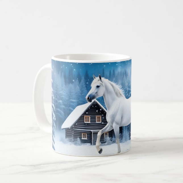 White horse in winter forest coffee mug (Front Left)