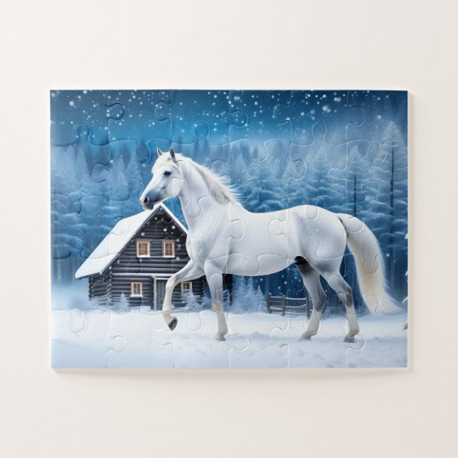 White horse in winter forest jigsaw puzzle (Horizontal)