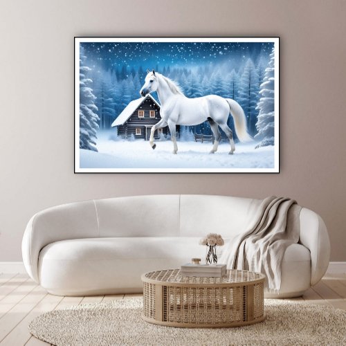 White horse in winter forest poster
