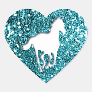 White Horse on Aqua Glitter Look Heart Sticker