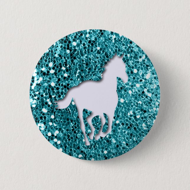 White Horse on Aqua Glitter Look Pinback Button (Front)
