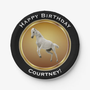 White Horse on Faux Gold Happy Birthday with Name Paper Plates
