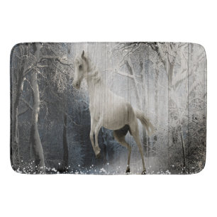 White horse on rustic wood texture in snowy winter bath mat