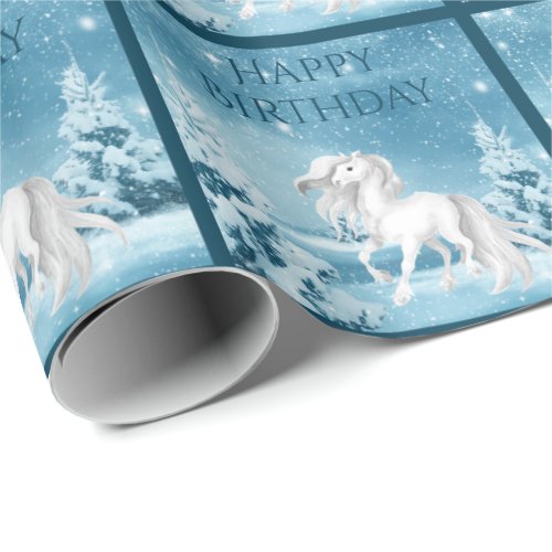 White Horse on Snowy Winter Night Happy Birthday Wrapping Paper
