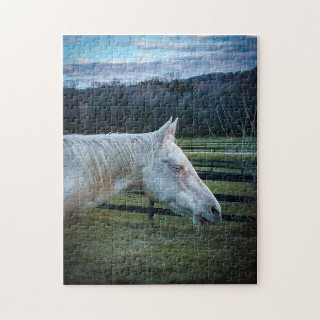 White horse on the farm with blue skies puzzle (Vertical)
