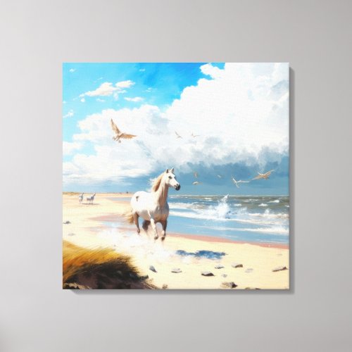 White Horse on the Windy Shore Canvas Print